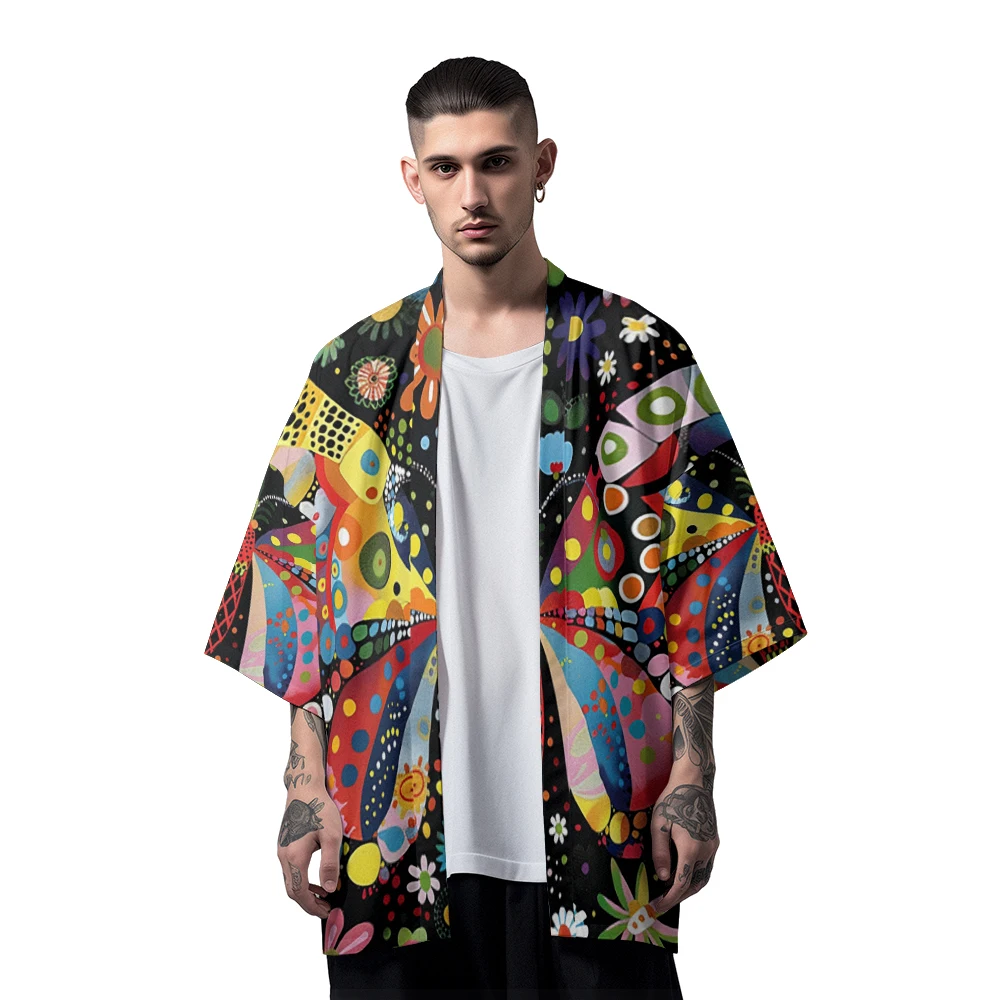 

Classic National Trend Chinese Style Niche Design Anime Butterfly Pattern Printed Do-rag Men's Casual Daily Kimono Men's Tops