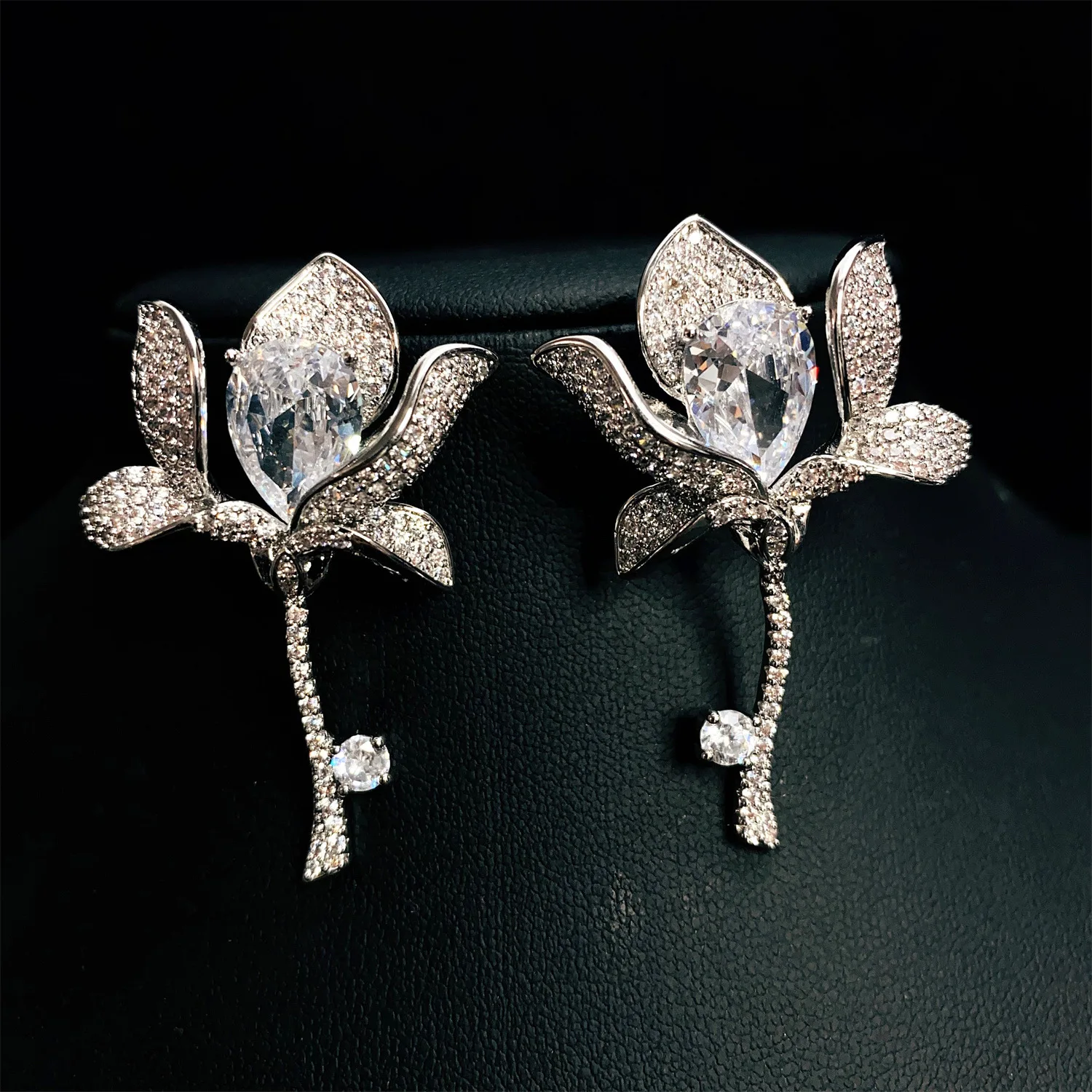 New exquisite ladies tulip floral earrings hundred zirconia jewellery set party evening summer event dress wear gift E97