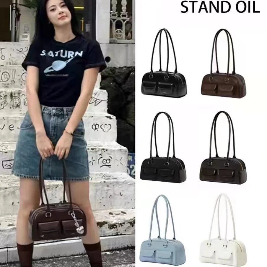 [Коркуратная версия] Корейская модель STAND OIL Yun-jin, маленькая кожаная сумка для боулинга на одно плечо Boston Standoi