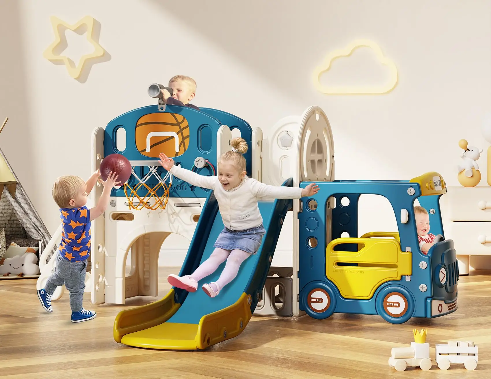 

Игровой комплекс 10 в 1 для малышей от 1 до 3 лет: горка, домик-автобус, для игр в помещении и на улице, сине-желтый