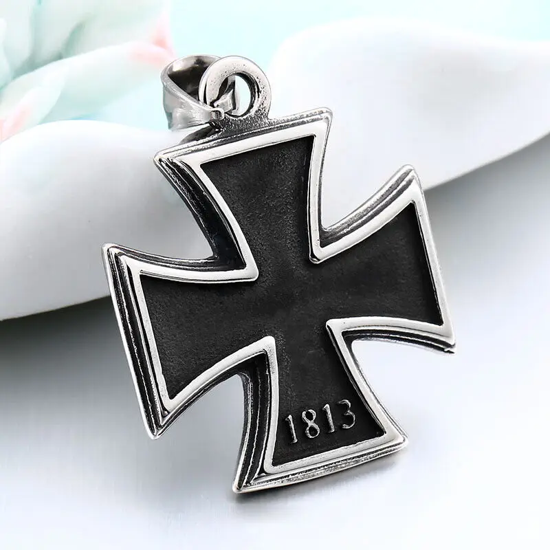 Mens Stainless Steel 1813 1939 WW2 German Iron Cross Pendant Necklace Men