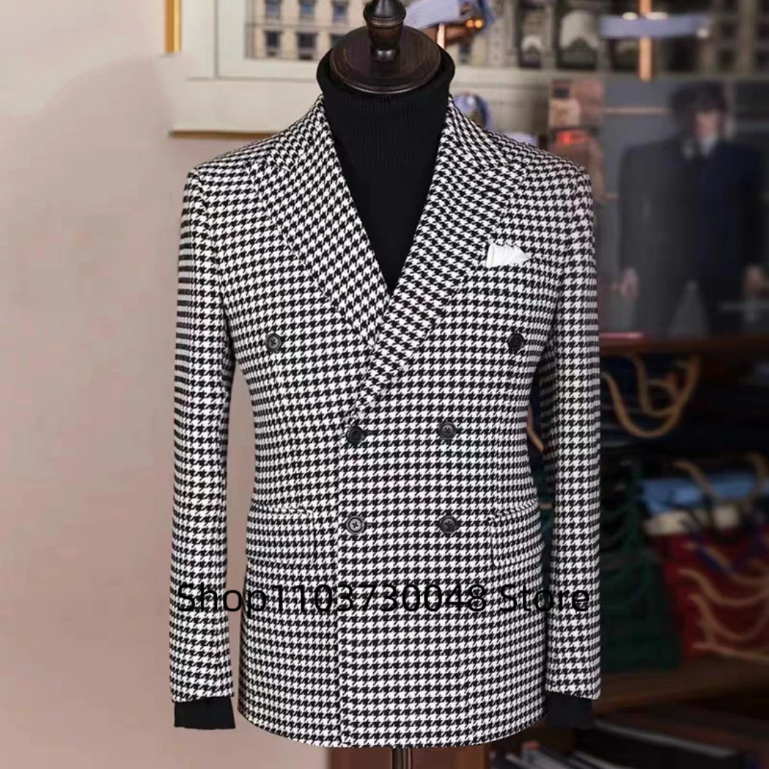 

Formal Plaid Wedding Blazer Men Gentleman Suit Houndstooth Jacket Slim Fit Double Breasted Coat Formal Business Male Only Blazer