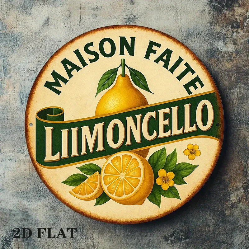 [2D Flat] 1pc 2D Flat 20.x20cm Round French Aluminum Sign | Vintage Lemoncello Decorative Plaque for Kitchen, Bar, Restaurant