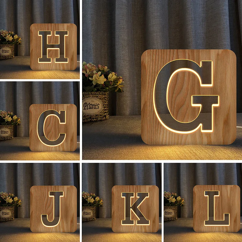 26 Letters A To Z USB Wood Led Night Light Novelty Kid Bedroom Wooded Hollow Carved Bedroom 3D Decoration Table Lamp Child Gift