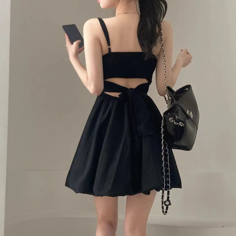 Versatile  Knot Belted Pleated  Flower Bud Strap Dress French Style High Waist Summer Casual X-Shape Silhouette