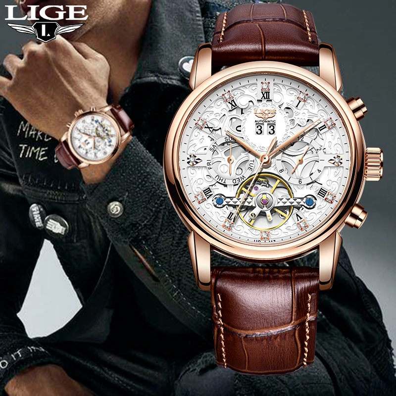 

LIGE Fashion Luxury Man Mechanical Watch Top Brand Business Leather Waterproof Calendar Week Men's Watches Tourbillon Wristwatch