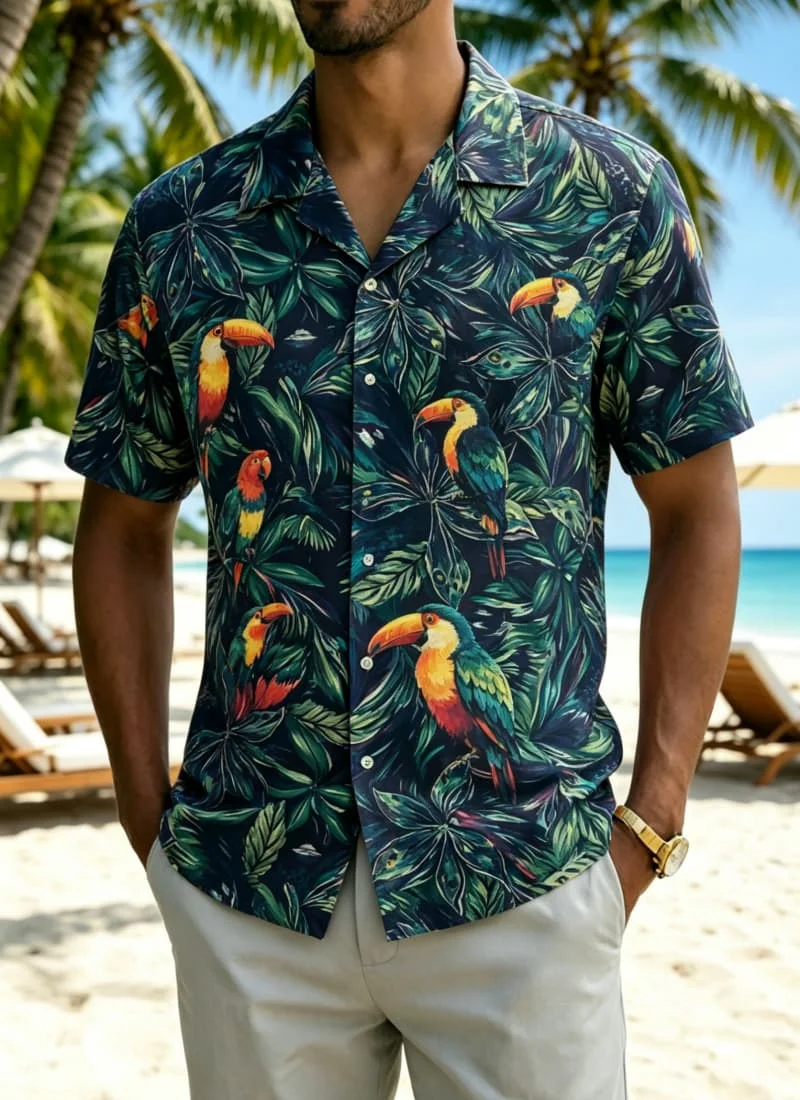 

Men's loose tropical style printed shirt, suitable for camping, hiking, beach vacation, and outdoor activities