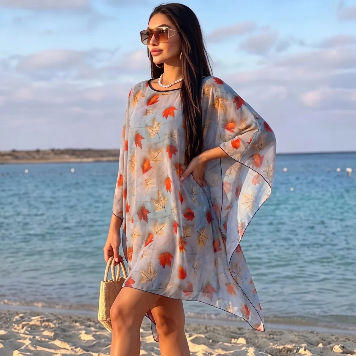 Cruise Vacation Floral Printed Modest Robe Islamic Women Breathable Thin Chiffon Sun Protection Beach Kaftan Abaya