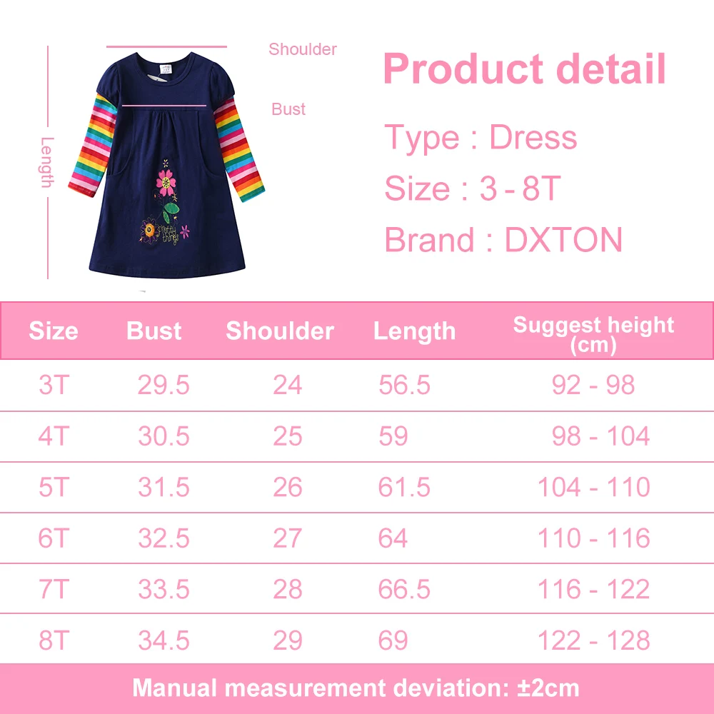 DXTON Girl Flower Embroidery Dress Kids Floral Dresses with Pockets Girls Rainbow Striped Cotton Casual Daily Dress Kids Clothes