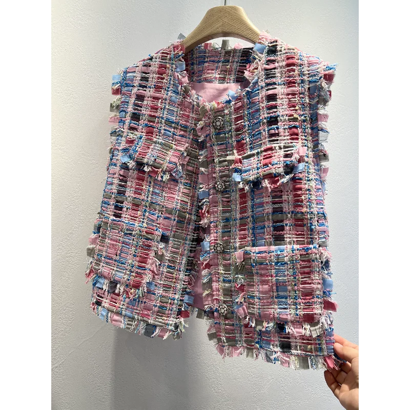 Fashion Casual Small Fragrant High Quality Tweed Vest Women Round Neck Tassel Button Multi-pocket Sleeveless French Lady Coat