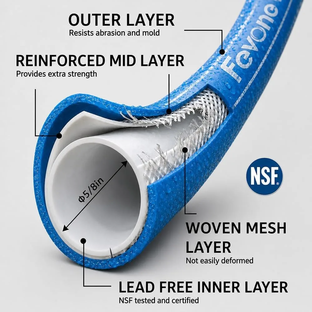 Kink Free Garden Hose 100ft, Heavy Duty Water Hose, Drinking Water Safe, Flexible Hybrid Polymer, 5/8
