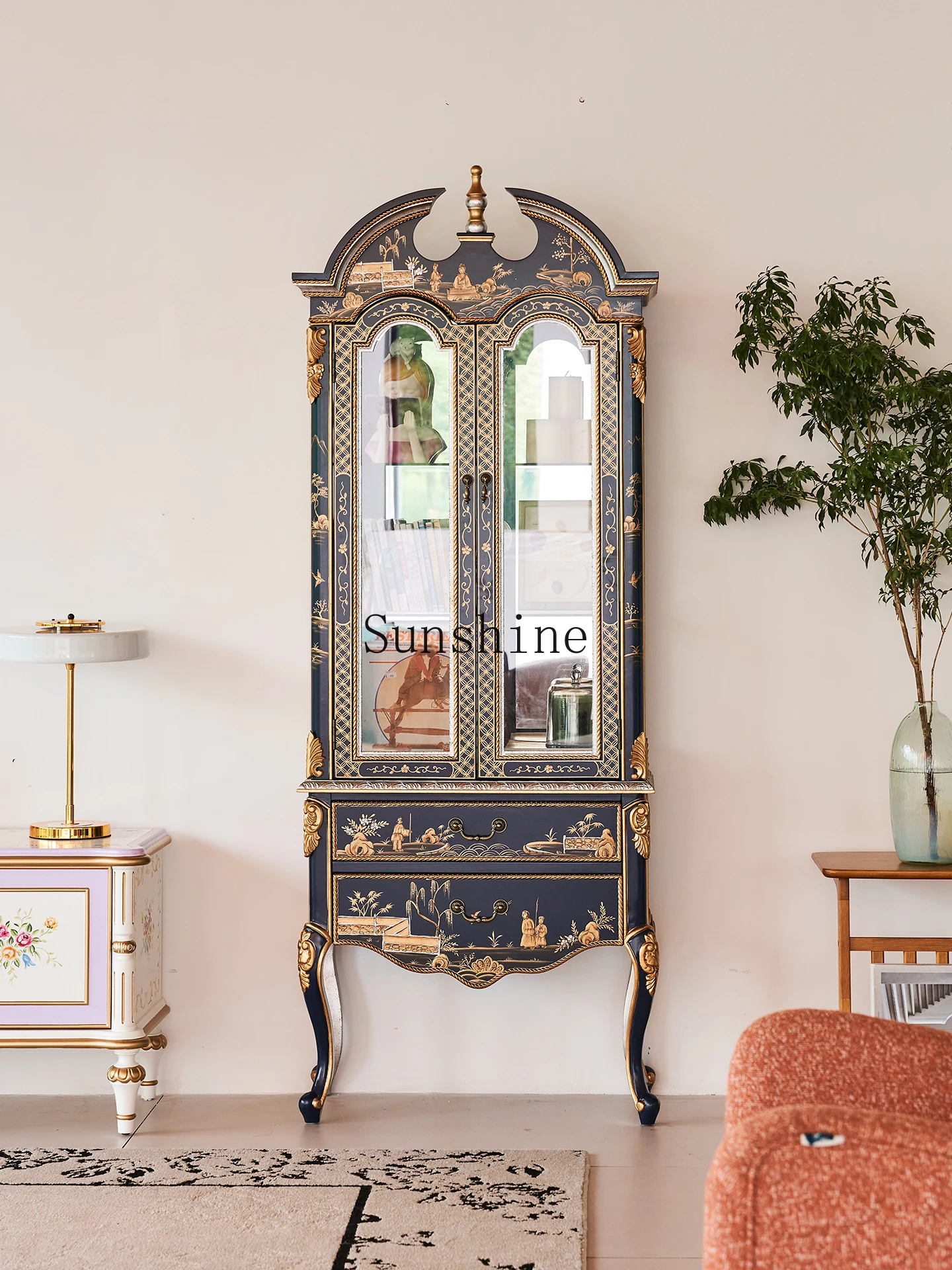 French Chinese style painted double door storage cupboard against the wall with glass storage