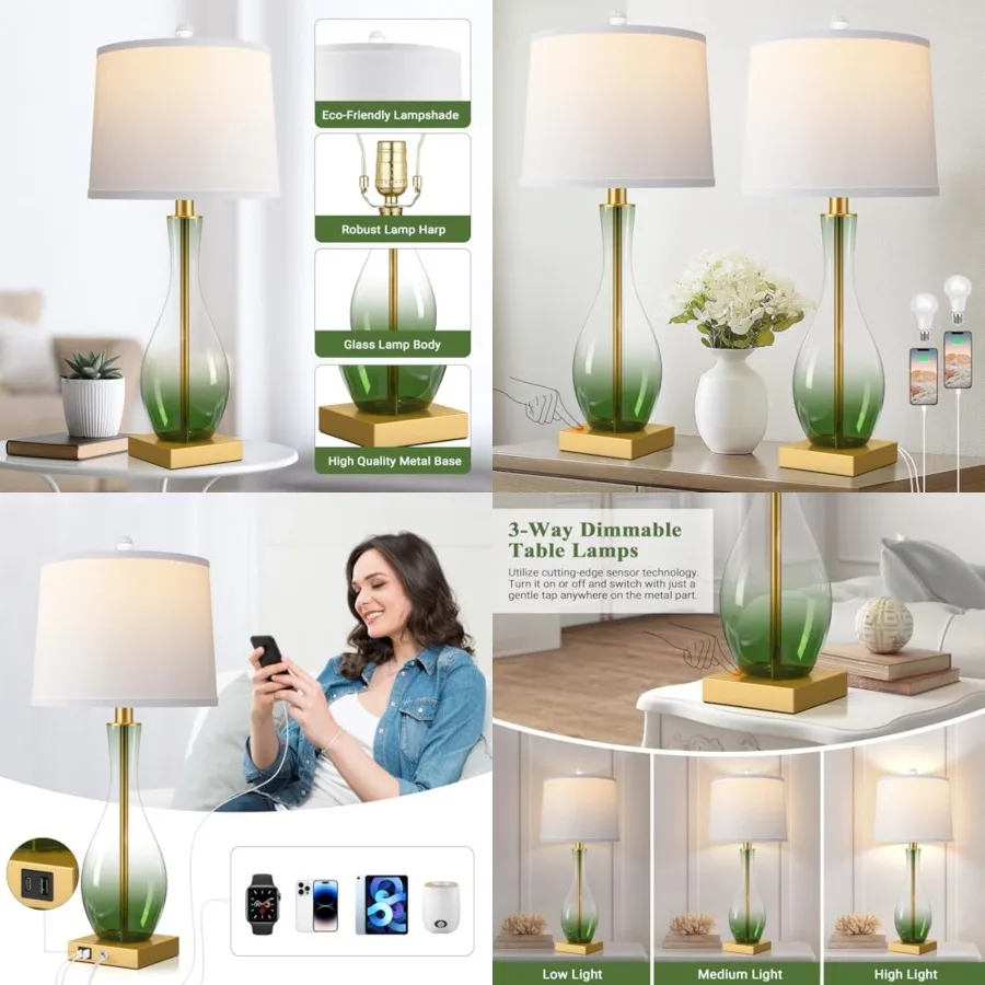 

3-Way Dimmable Modern Glass table lamp for Living Room, Table Lamps Set of 2 with Touch Control, USB C and A Charging Ports, 27