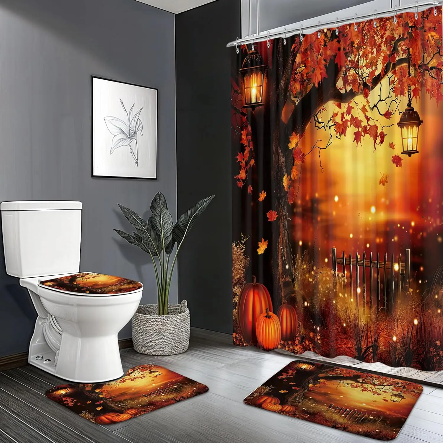 4PCS Fall Shower Curtain Set, Autumn Pumpkin Sunflowers Harvest Thanksgiving Bathroom Decor Sets with Halloween Shower Curtain