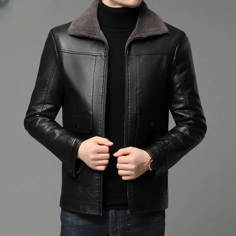 Men's Winter Jacket Lapel Genuine Leather Jackets for Men 2025 Casual Business Warm Coat Male Fashion Plush Coats Jaqueta Couro