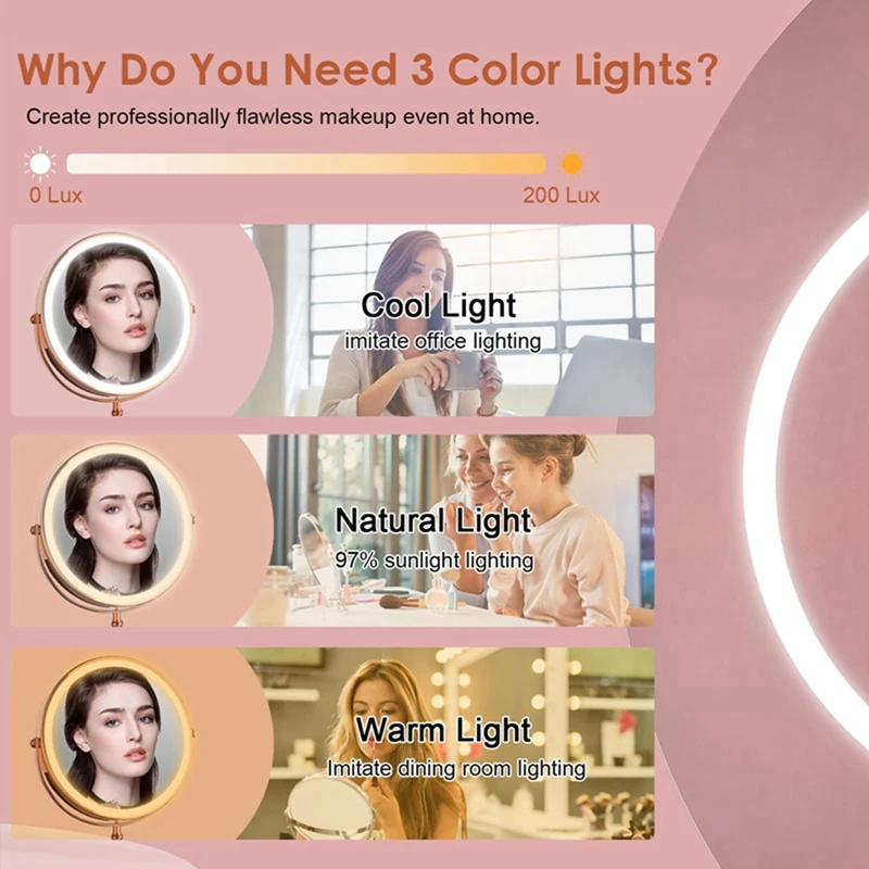 1Set 10X LED Mirror Rechargeable Make Up Mirror Magnification Cosmetic Mirror 2 Side Adjustable With 3 Colors C