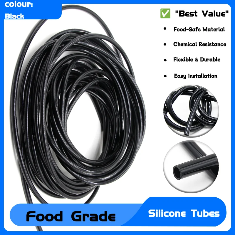 

Food Grade Tasteless High Temperature Resistant Flexible Drink Water Pipe Garden Hose 1~10M Black Silicone Tube ID 0.5mm ~ 32mm