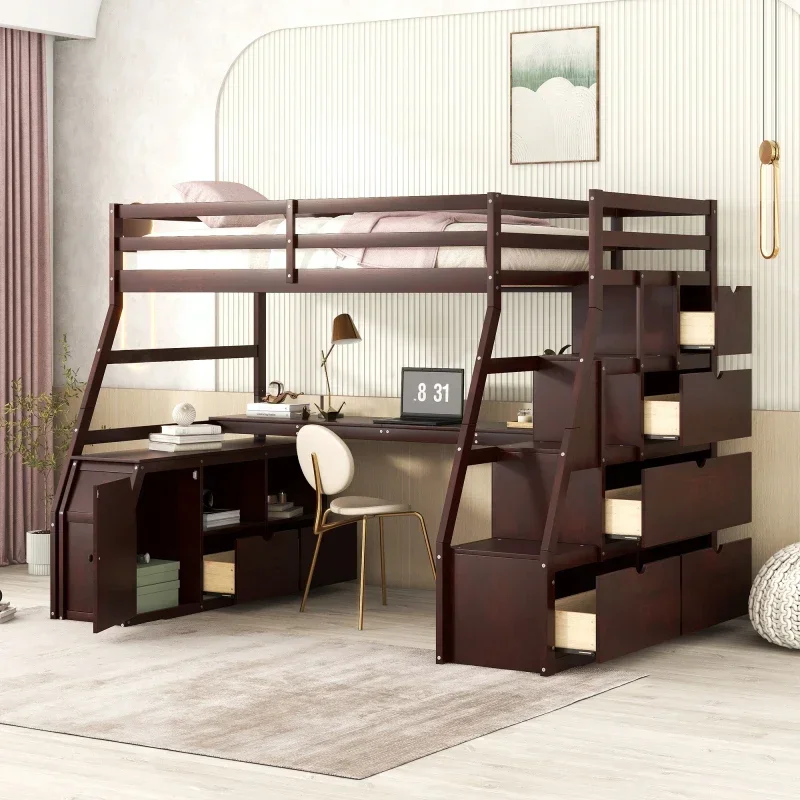 Twin Size Loft Bed with with 7 Drawers 2 Shelves and Desk Easy to assemble for indoor bedroom furniture