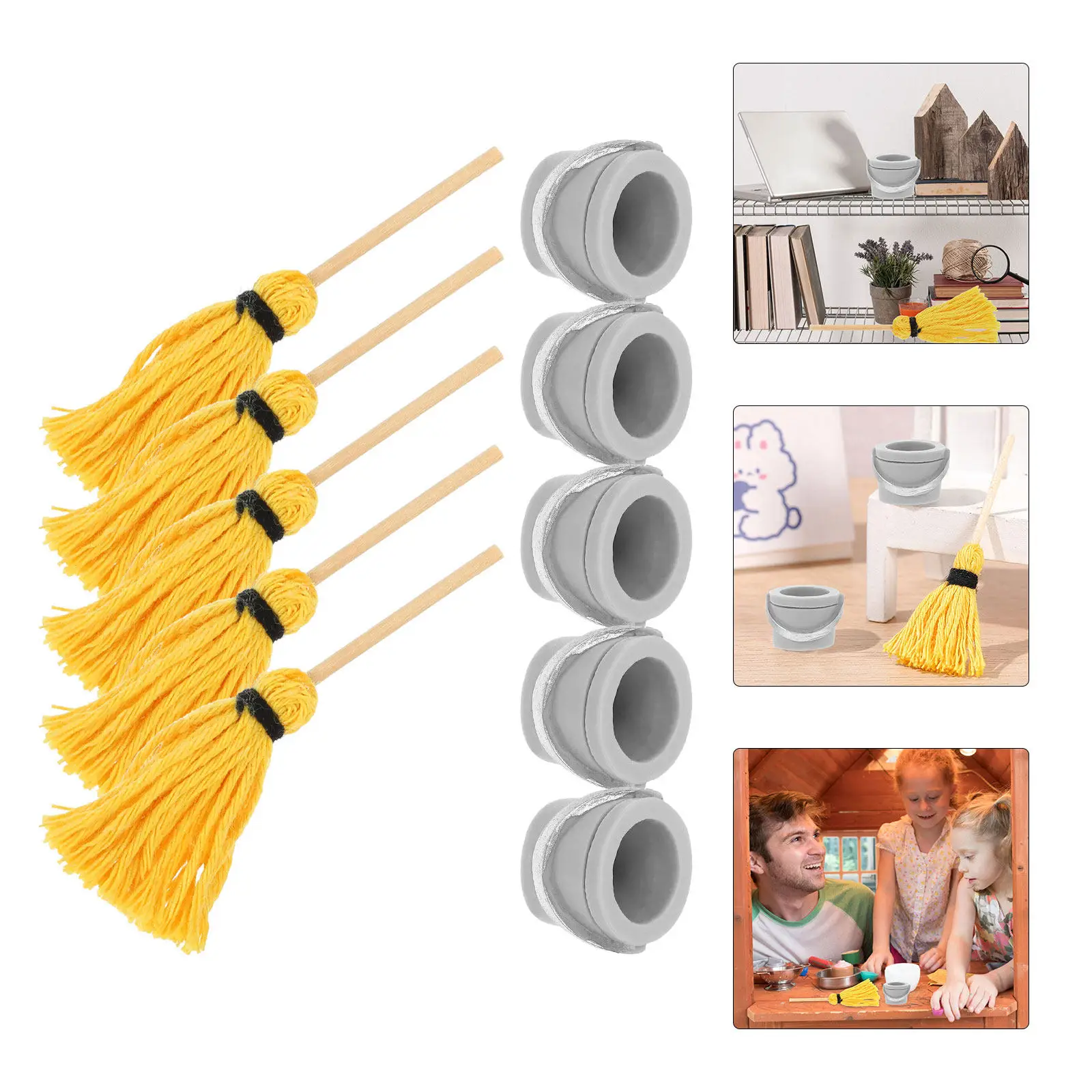 

5Sets Mini Mop Bucket Creative Small House Accessory Tool Kit Miniature Home Decor Halloween Miniature Scene