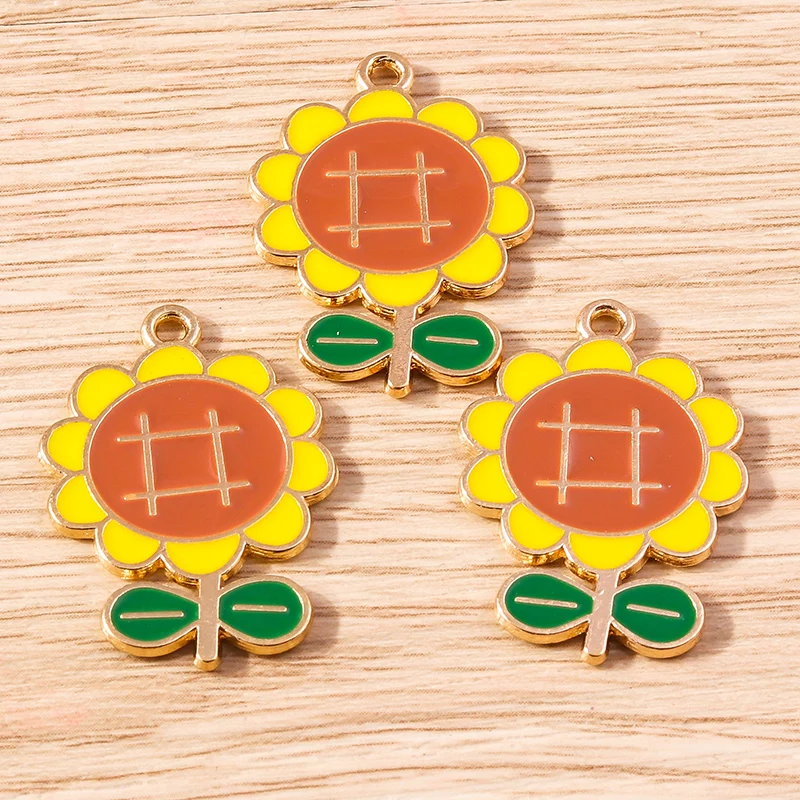 10 Stück 19 x 28 mm niedliche Blumen-Charms, Emaille-Sonnenblumen-Charms, Anhänger für Schmuckherstellung, Ohrringe, Halsketten, DIY-Bastelzubehör – Detail 3