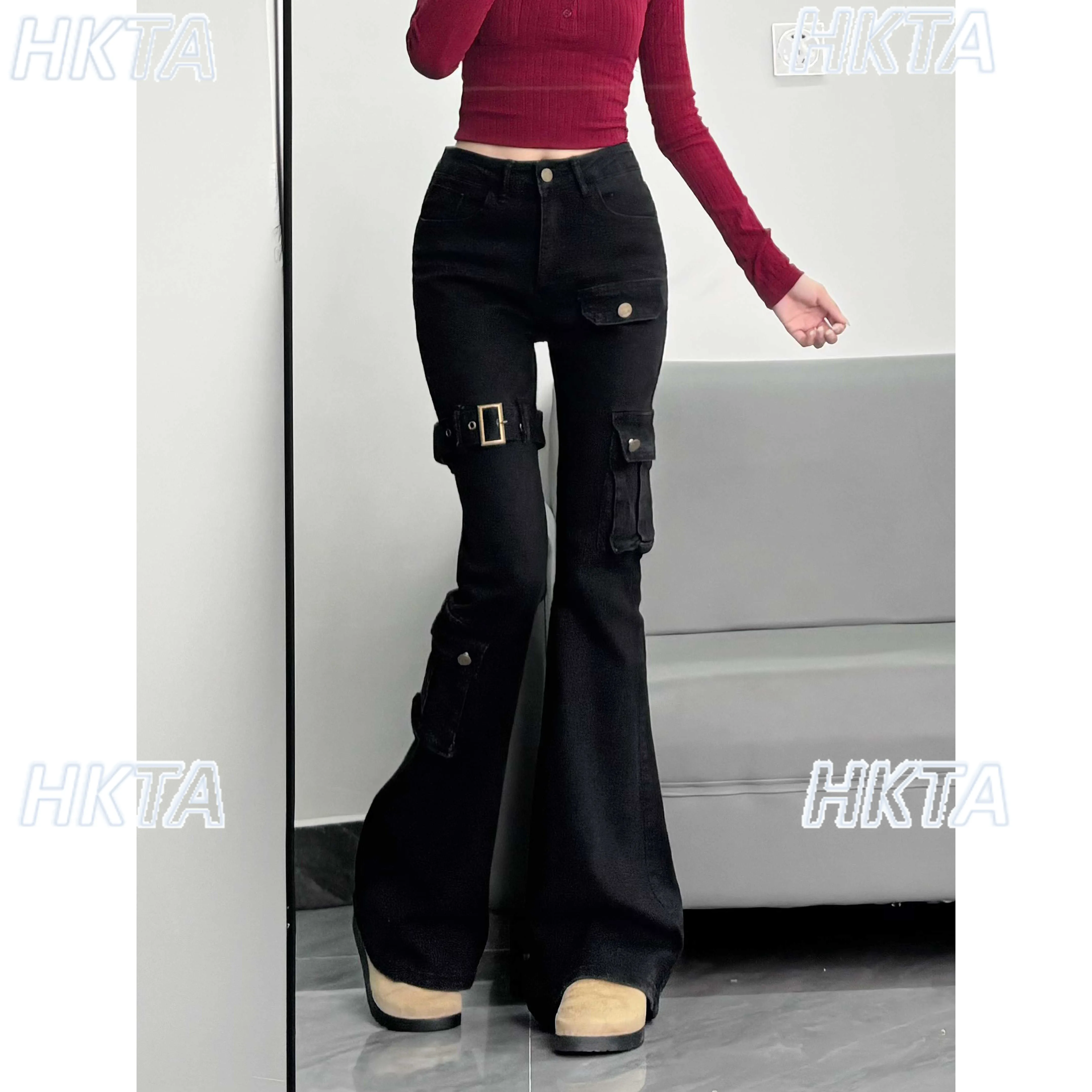 

Y2K Dark Sweet Cool Tooling Pocket Low Waist Micro Pull Black Jeans Women American New Metal Buckle Slim Fit Hot Girl Bell Pants