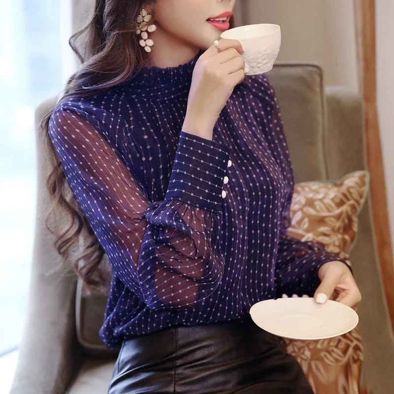 New Long Sleeve Blouse Women Blusas Mujer De Moda 2024 Stand Collar Striped Chiffon Blouse Shirt Women Tops Blouses Blusa E677