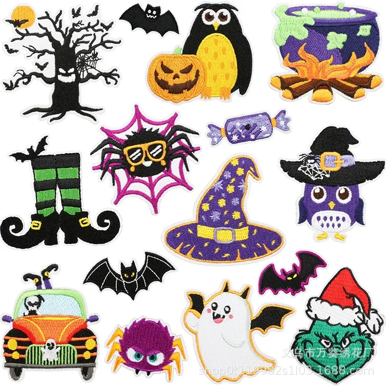 Ghost Car Embroidery Cloth Sticker Halloween Theme Computer Embroidery Label Owl Witch Hat Bag Decoration Patch Sticker