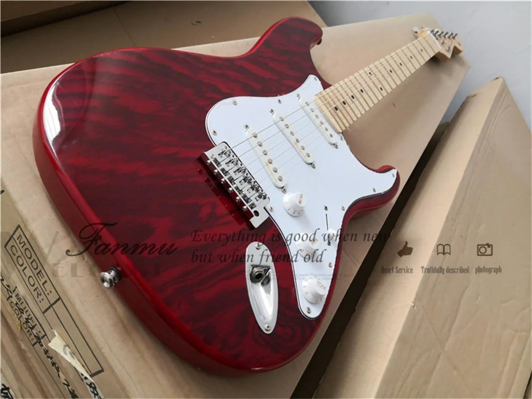 red electric guitar sta body zebra-stripe top maple fingerboard white pickguard custom guitar