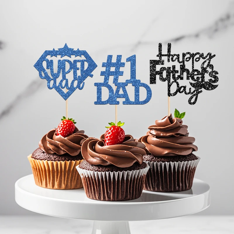 YOMDID 24 Stück glitzernde Vatertag-Kuchenaufsätze, Happy Father's Day Cupcake-Topper, Kuchendekorationen, Papas Geburtstag, Kuchendekoration