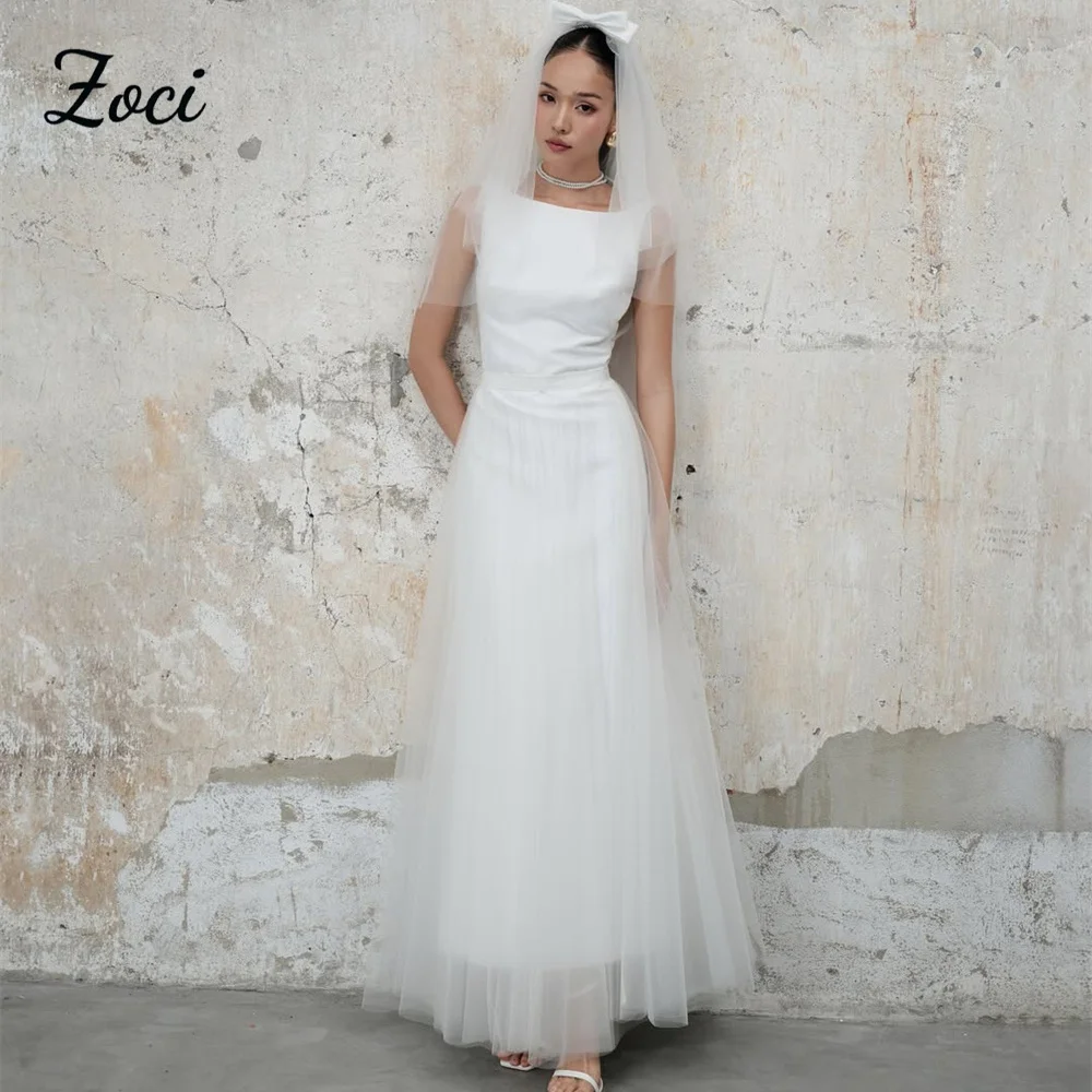 

Zoci 2 Pcs A Line Satin Korea Wedding Dresses Customized Boat Neck Backless Wedding PhotoShoot Dress 2026 Bridal Party Gowns
