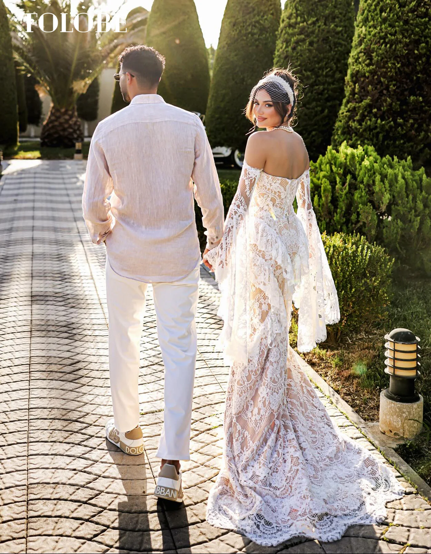 FOLOBE robe de mariée sans bretelles dentelle exquise sirène avec manches évasées balayage Train robe de mariée vestidos de noche personnalisé