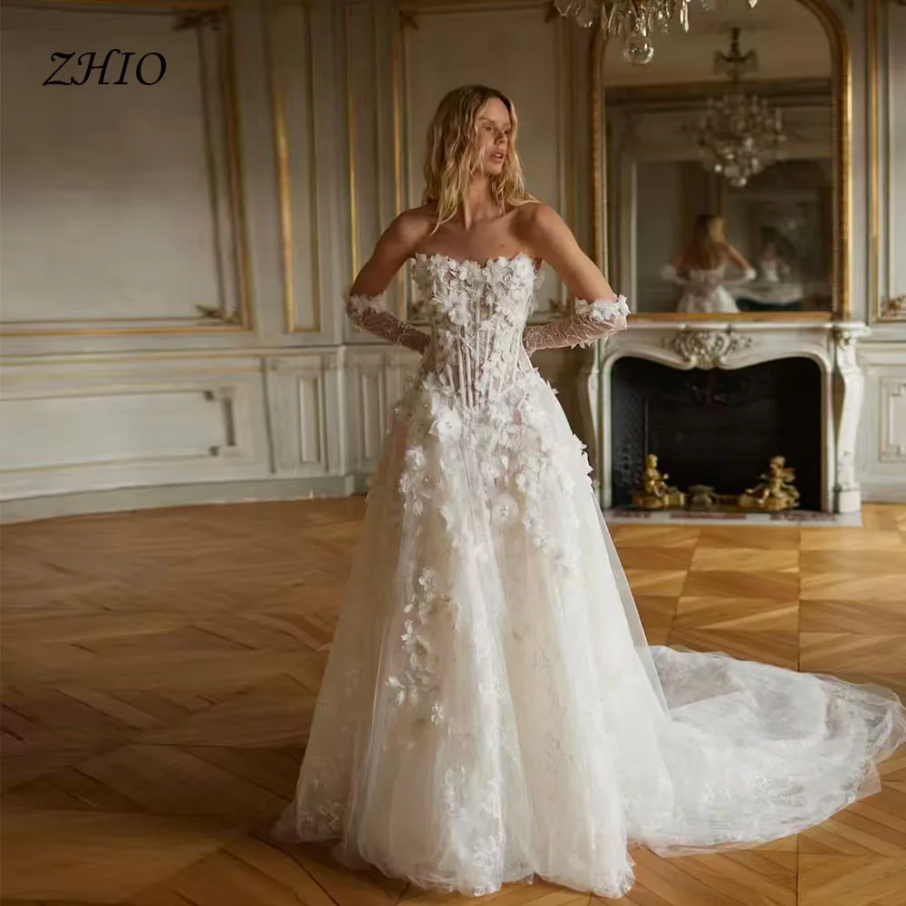ZHIO Luxury 3D Flowers Wedding Dress Strapless A-Line Sweep Train Ivory Tulle Bridal Gown Customized Princess Vestidos De Novia