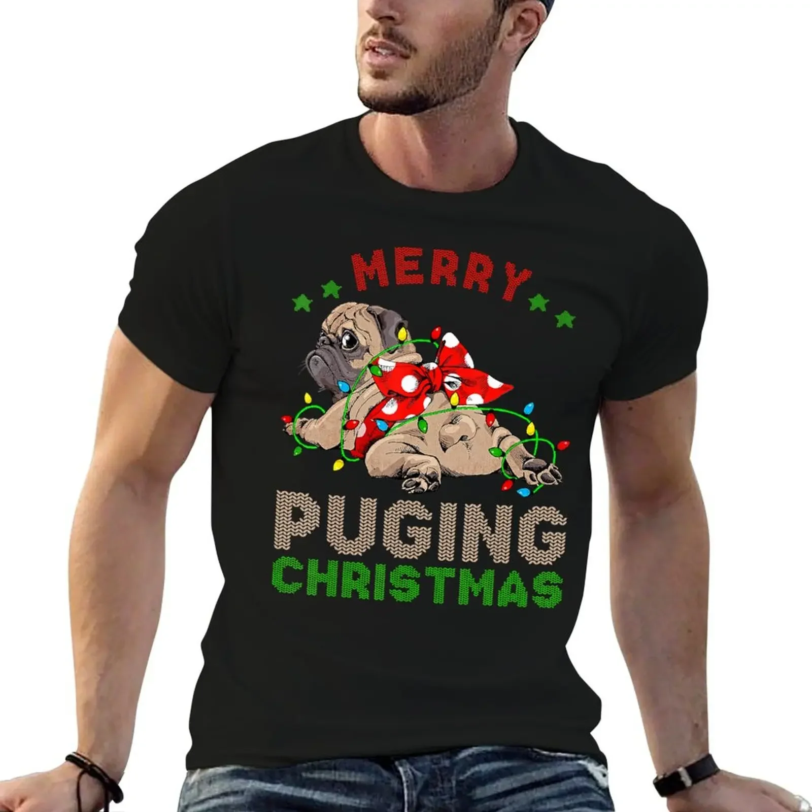 

Pug Christmas Tree Lights Xmas Gifts Boys Pugmas Santa Dog T-Shirt for a boy blanks mens t shirts top quality