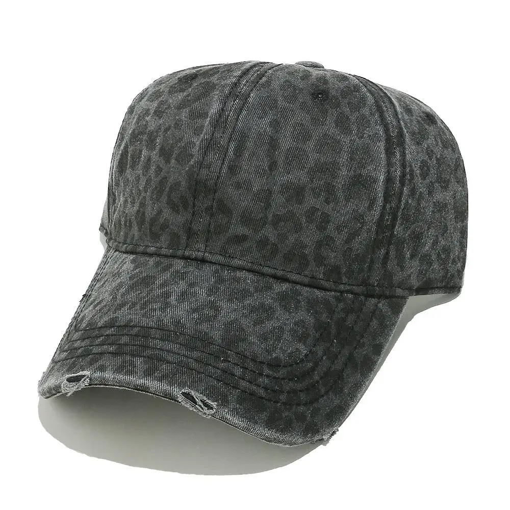 Retro water-washed style with bold leopard print and holey baseball cap suitable for workwear, music festival, and cycling.