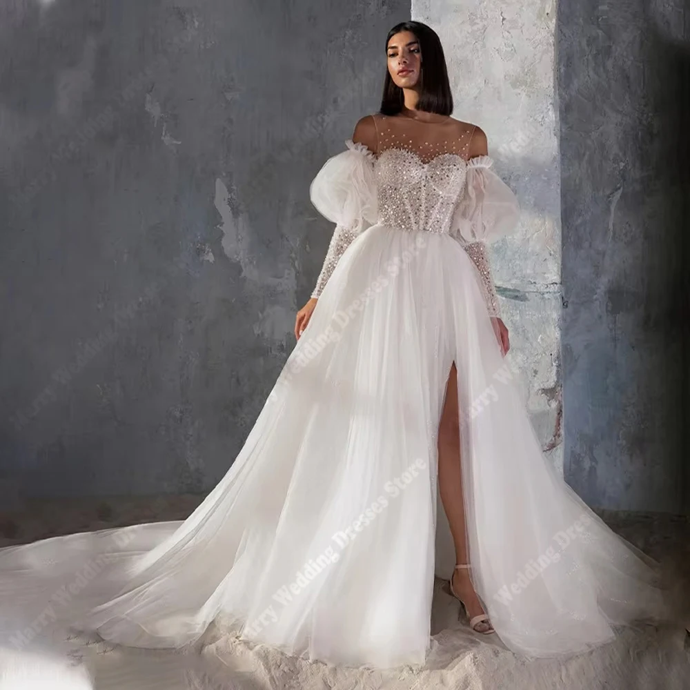 

2025 Round Neck A-Line Wedding Dresses For Women Sexy Lace Flower Printing Tulle Bride Gowns Banquet Vestido De Novia Customized