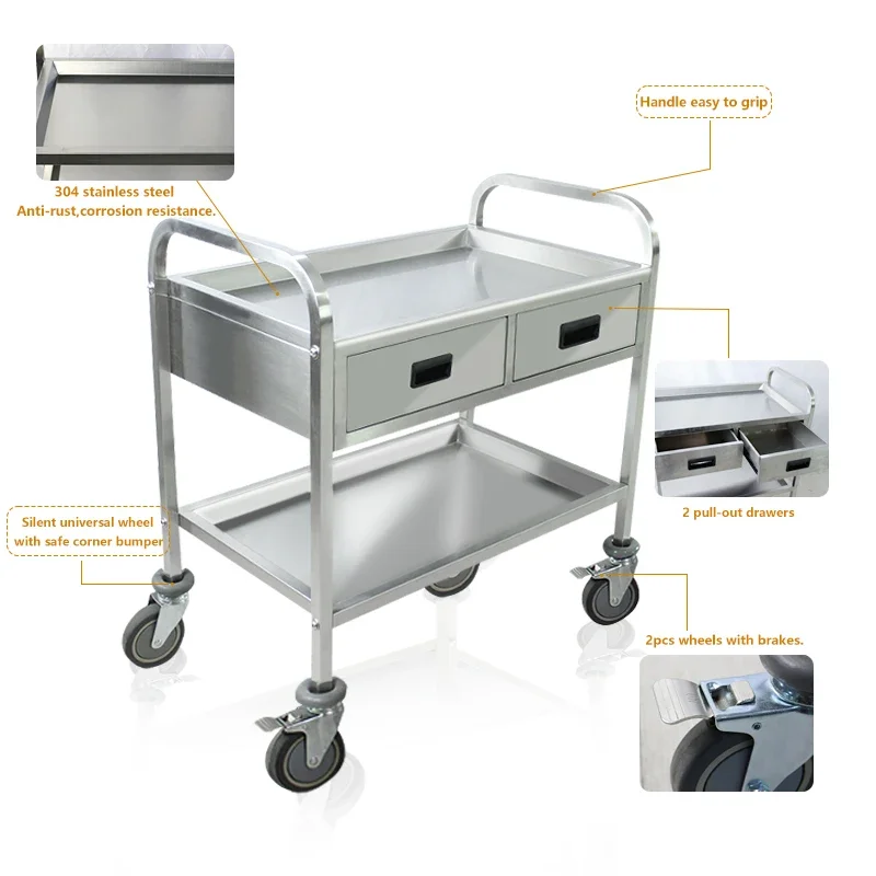 Hospital Medical Trolley Cart Mobile Rolling Cart Dental Lab ,Stainless Steel Push Cart