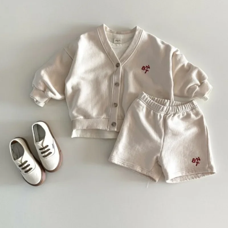 

New Babies Boys Spring Costume Girls Suit Casual Loose Solid Color Tracksuits Long Sleeve Cardigan + Shorts Korean Two-piece Set