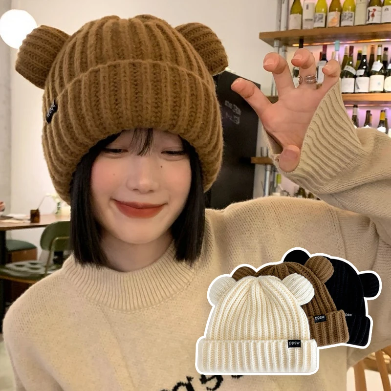 

2025 трендовая корейская вязаная шапка с медвежьими ушками, женская зимняя теплая шапка с напуском и ушками, массивная шапка с ушками из искусственного меха