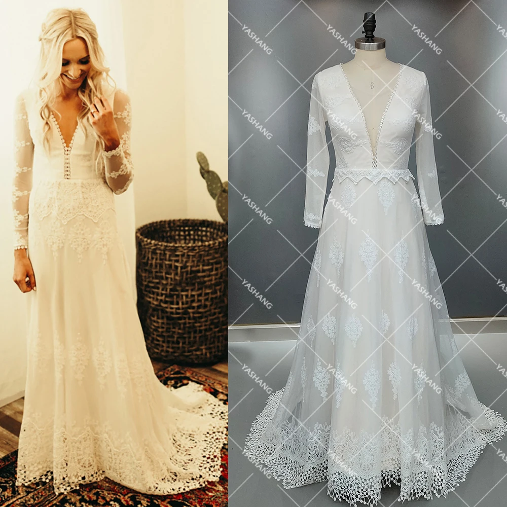 Long Fitted Sleeves V Neck Lace Bridal Gown Big Size Illusion Transparent Back Custom Made Phoenix Boho Real Photo Wedding Dress