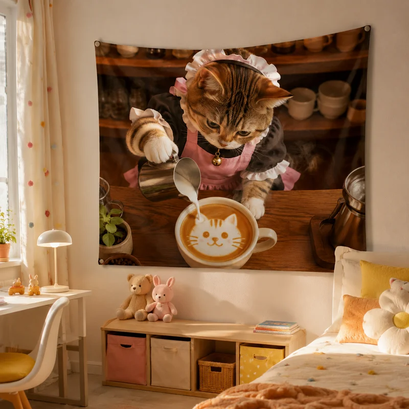 VIKAMA Candy Kingdom Cat Maid Tapestry Fairy Tale Style Cat Maid Printed Hanging Cloth Anime Room Decoration