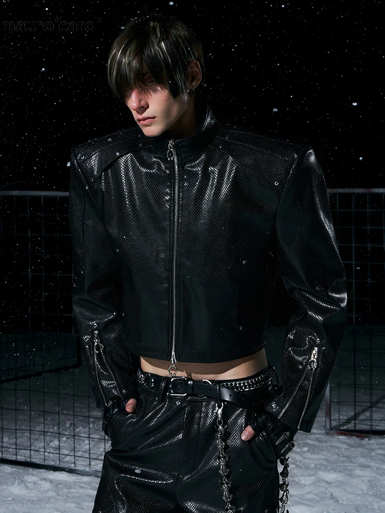 Mauroicardi Spring Autumn Short Black Snakeskin Print Pu Leather Jacket Men Luxury Designer Ruwn European Fashion Zip Up Clothes