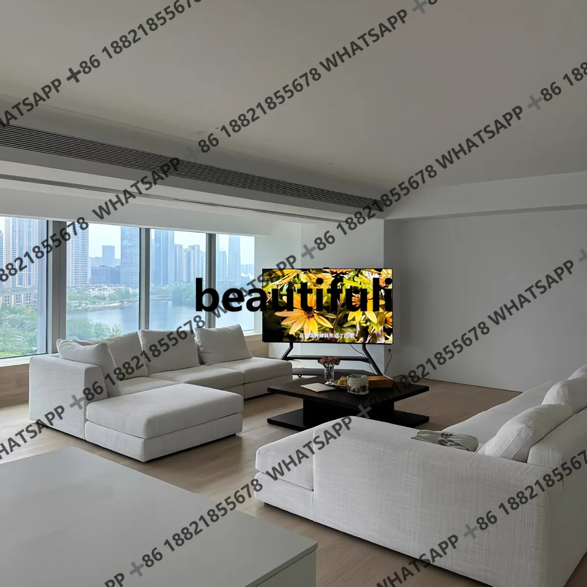 High-grade cotton and linen sofa large flat-layer combination corner simple cream sofa