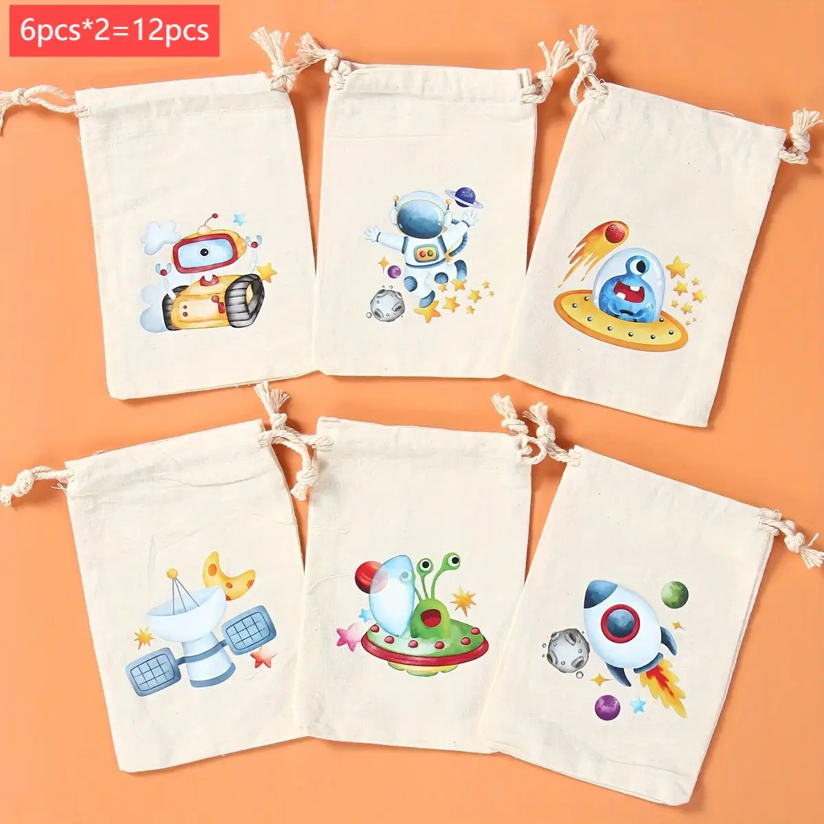 12PCS Astronaut Rocket-themed Woven Candy Bag Outdoor Space Birthday Party Decoration Gift Candy Packaging Bag