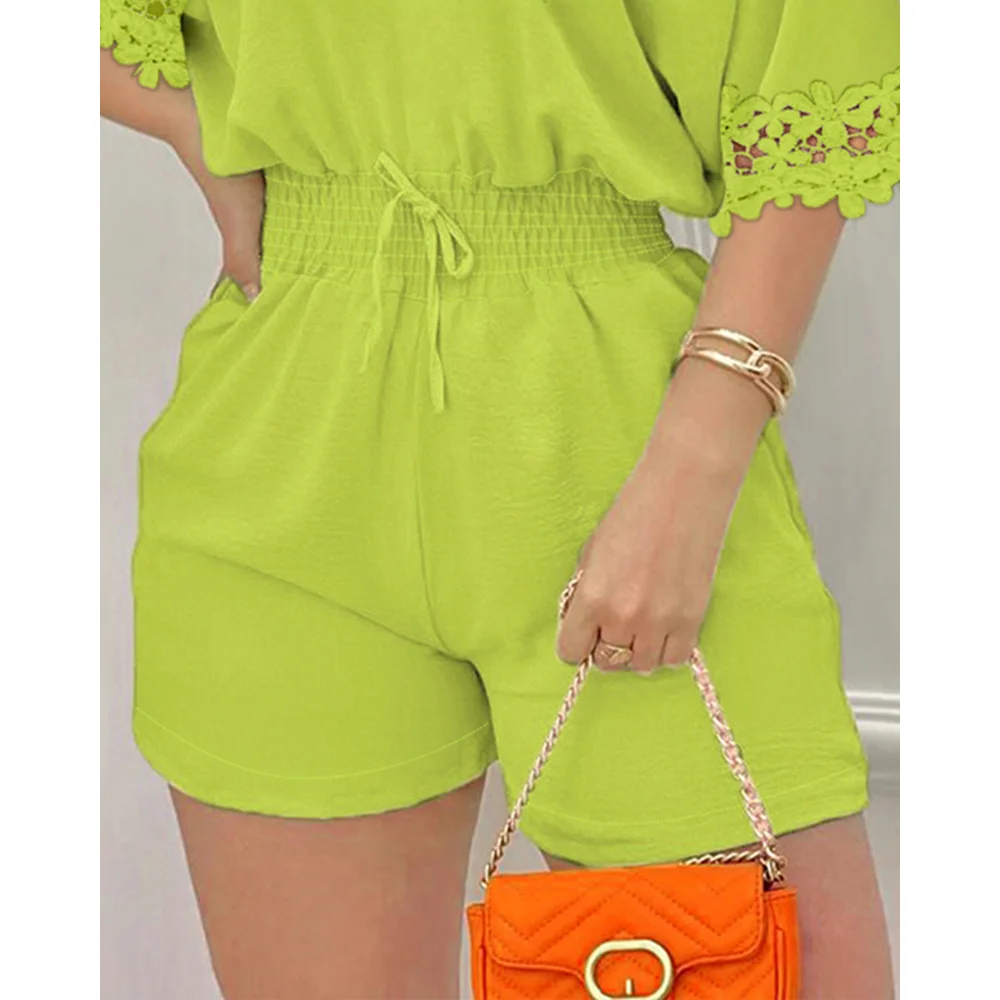 2025 Summer Women's Off Shoulder Floral Dec Short Sleeve Cinch Shirred Waist Jumpsuit Slim Fit Casual Romper With Belt Vacation