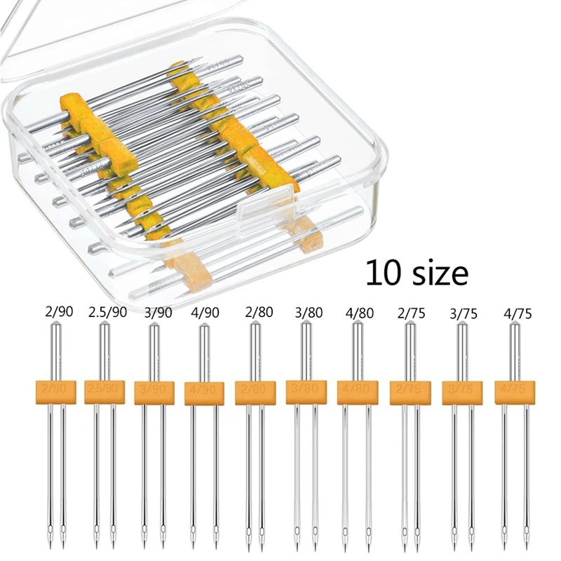 10pcs Double Twin Needles for Sewing Machine With Plastic Box 10Size 2.0/90 3.0/90 4.0/90 2.0/80 3.0/80 4.0/80 2.0/75 3.0/75