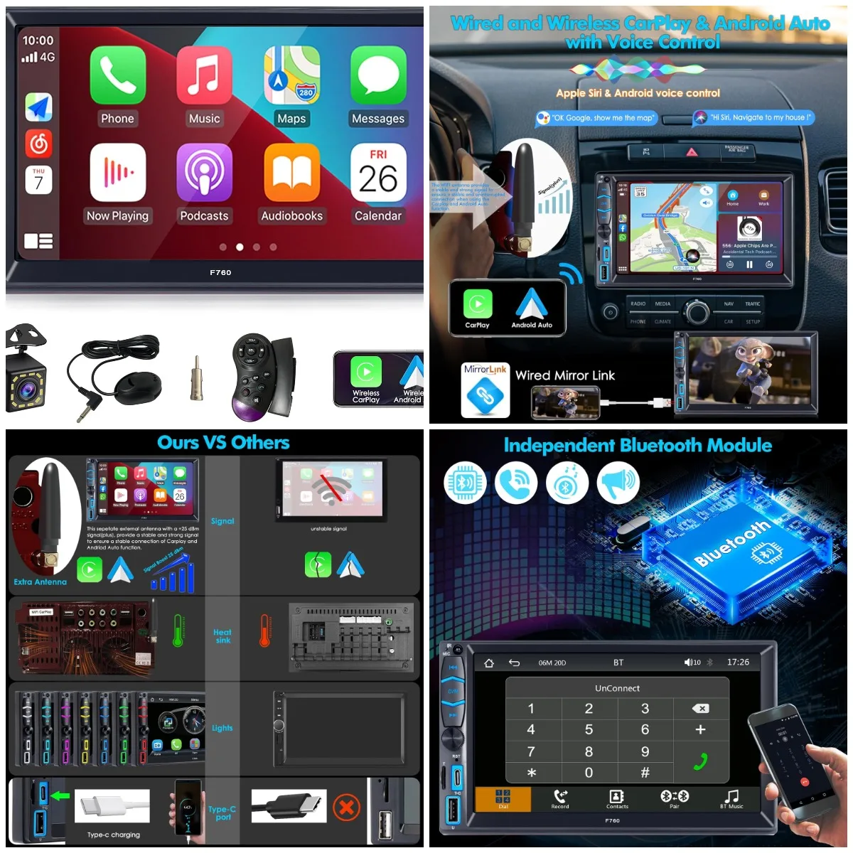 

7 Inch Car Stereo with Apple CarPlay, Android Auto, Bluetooth, GPS, Backup Camera, LED Lights