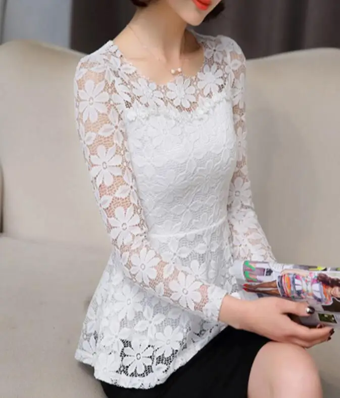 Plus size S-5XL New Women Long-sleeved Lace Shirt Slim High Waist Hollow crochet Flower Lace Blouse