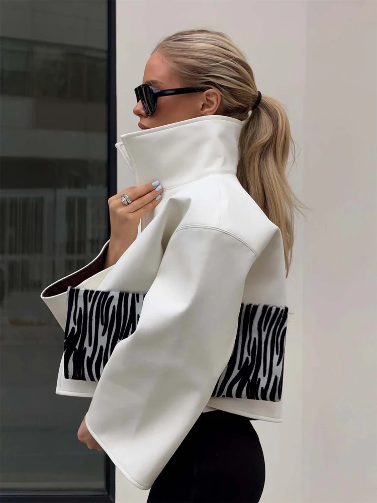 Beige Croc Leather Cropped Jacket Y2k Stand Collar Long Sleeve Wide Cuff Oversize Coat 2026 Autumn Street Daily Casual Outerwear