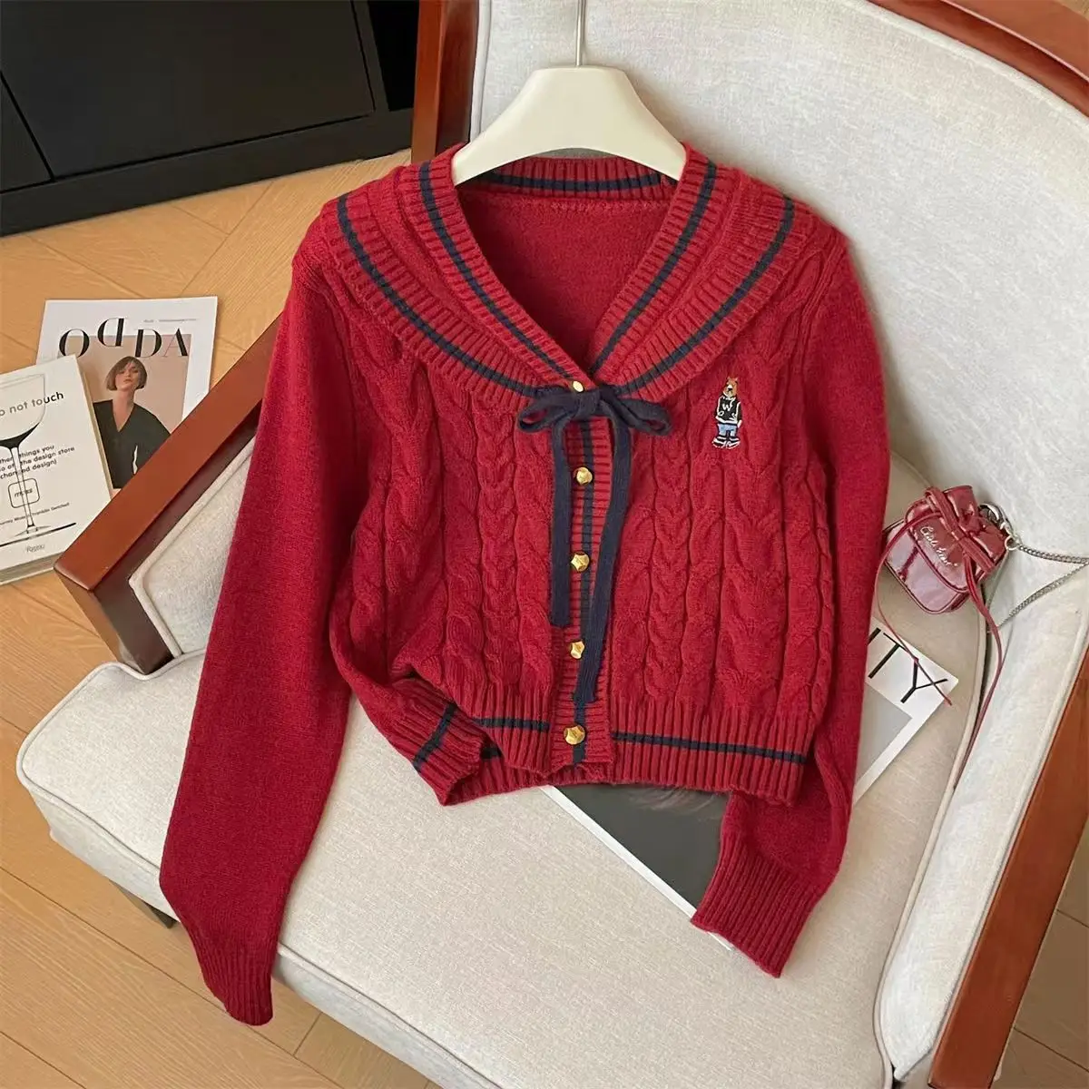 Sailor Collar British Style Bow CardigansTwists Knitted Sweater Women Coats Long Sleeve Autumn Winter College Korean Sweater New