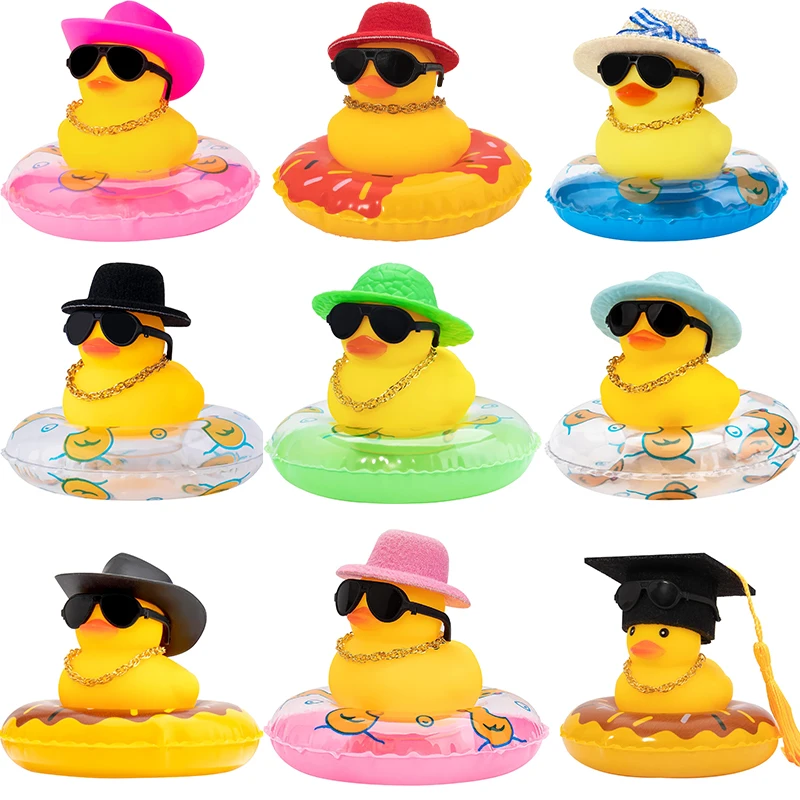 Rubber Car Duck Decoration Dashboard Car Ornament , Accessories with Mini Sun Hat Swim Ring Necklace and Sunglasses